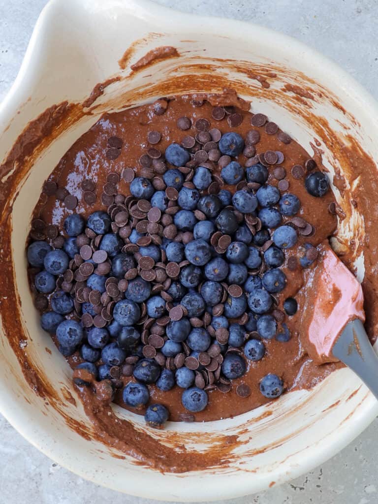 Cake batter in bowl with fresh blueberries and chocolate chips sprinkled on top.