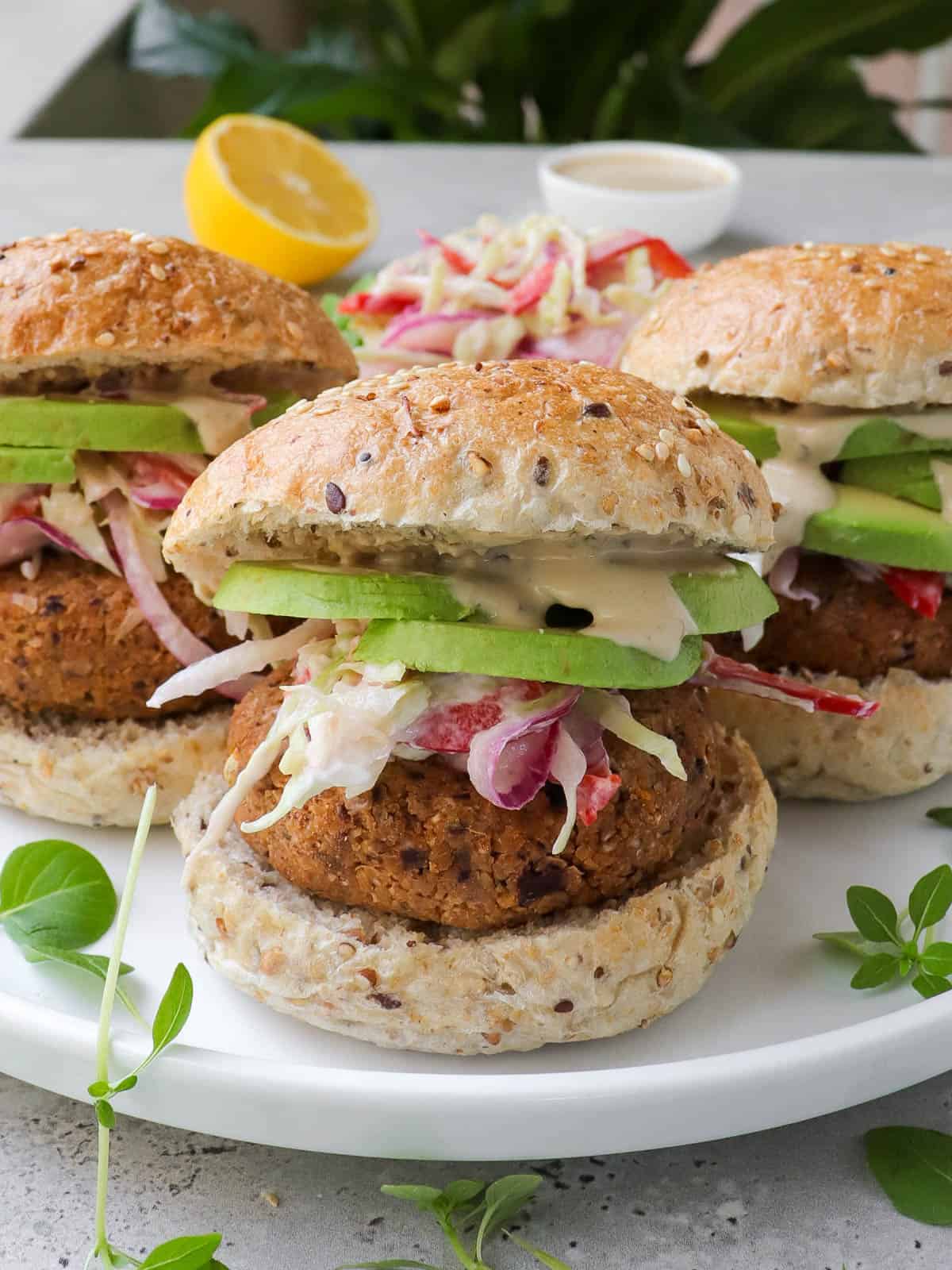 Side shot of chickpea burgers.
