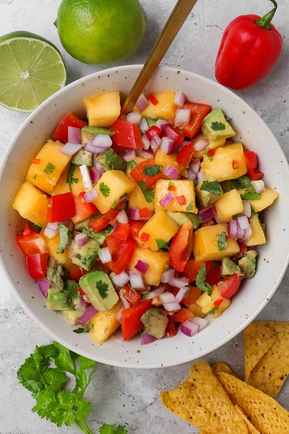 Mango salsa in a bowl with a spoon.
