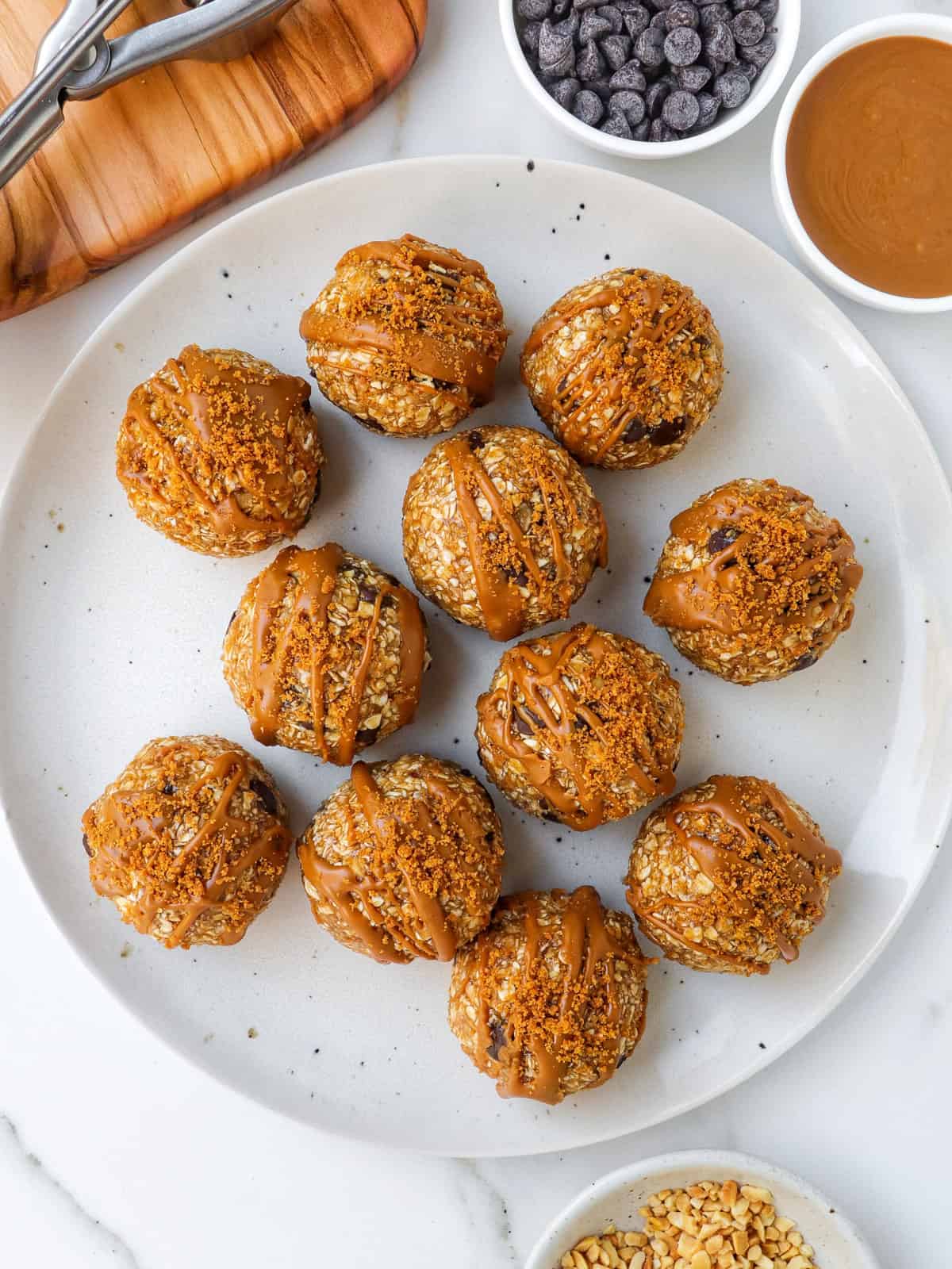 Biscoff protein balls on a plate.