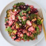 Beetroot and broccoli salad on a plate.