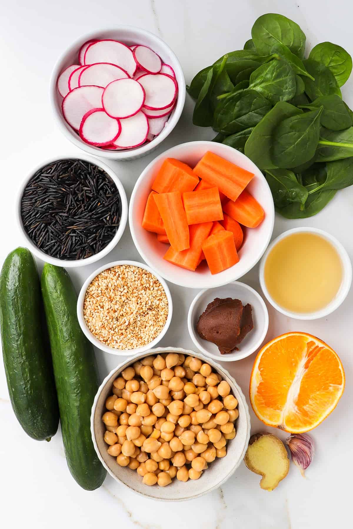 Ingredients shown to make the salad and dressing.