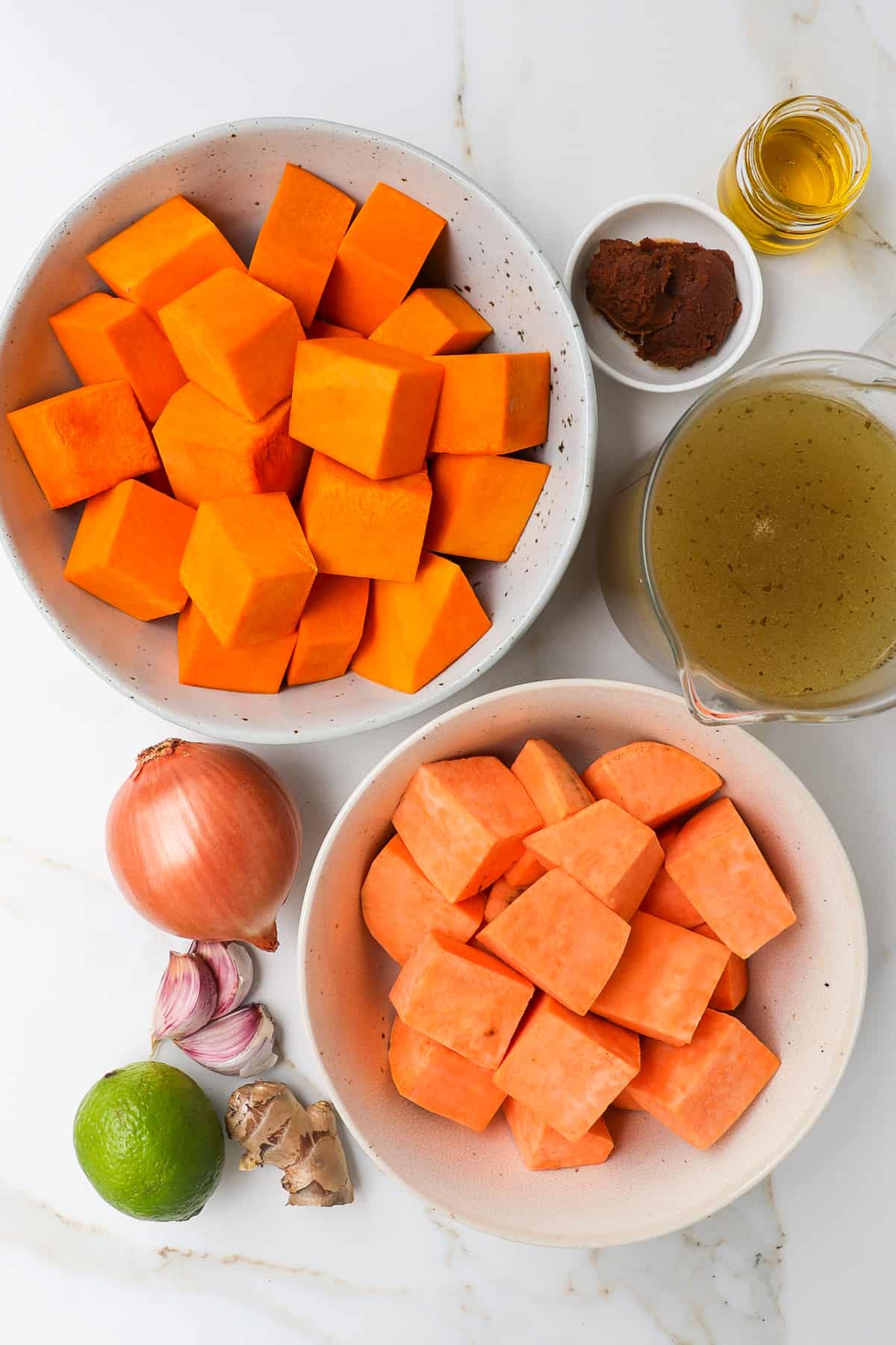 Ingredients needed to make miso sweet potato pumpkin soup.