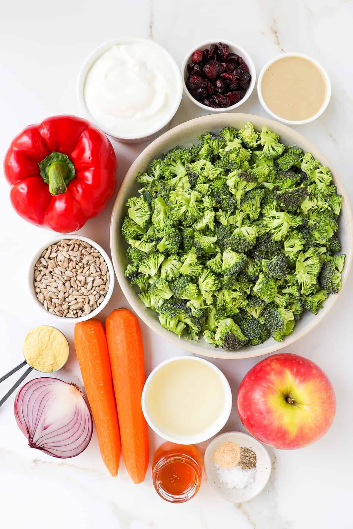 Ingredients shown to make the broccoli crunch salad.