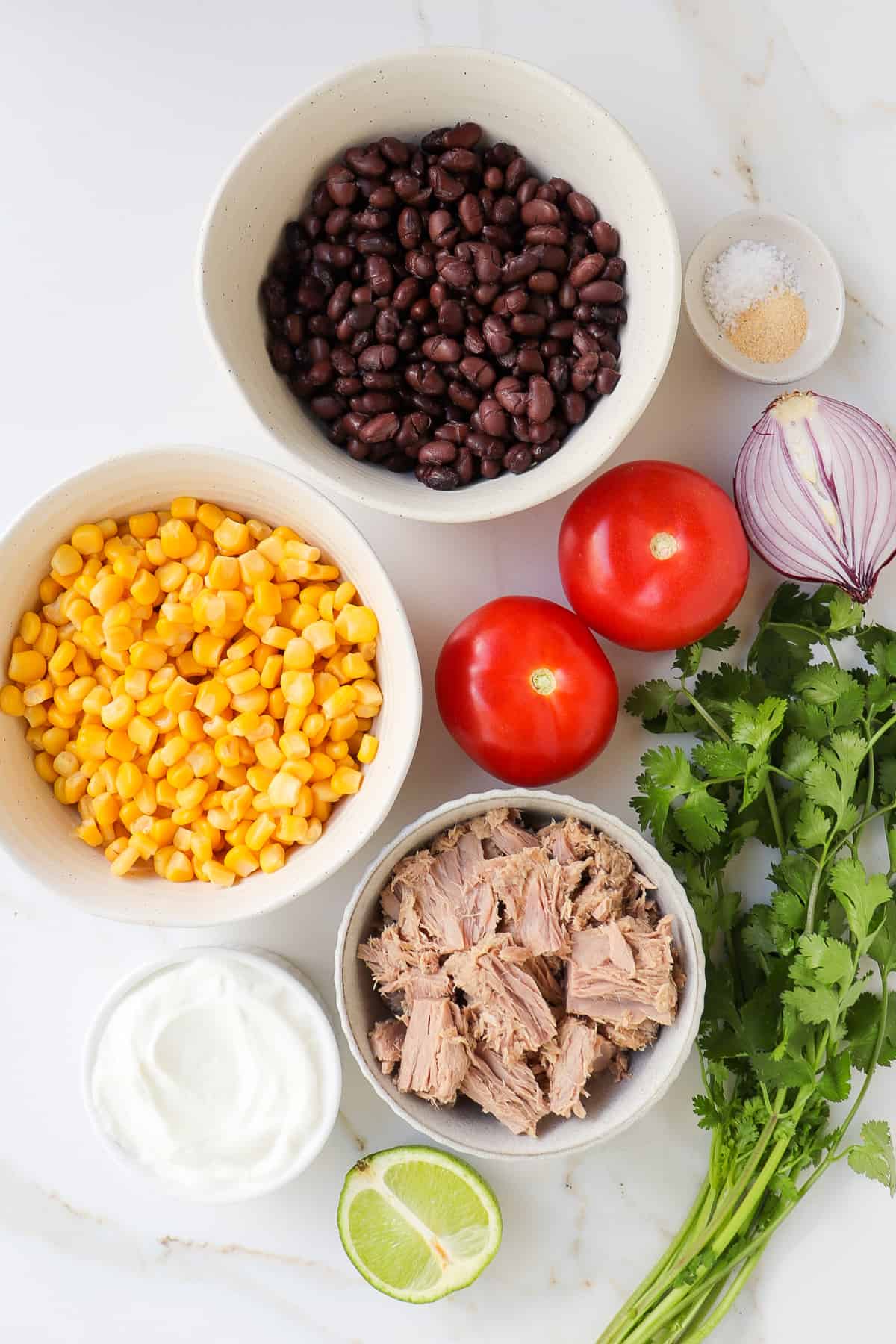 Ingredients shown to make Mexican tuna salad.