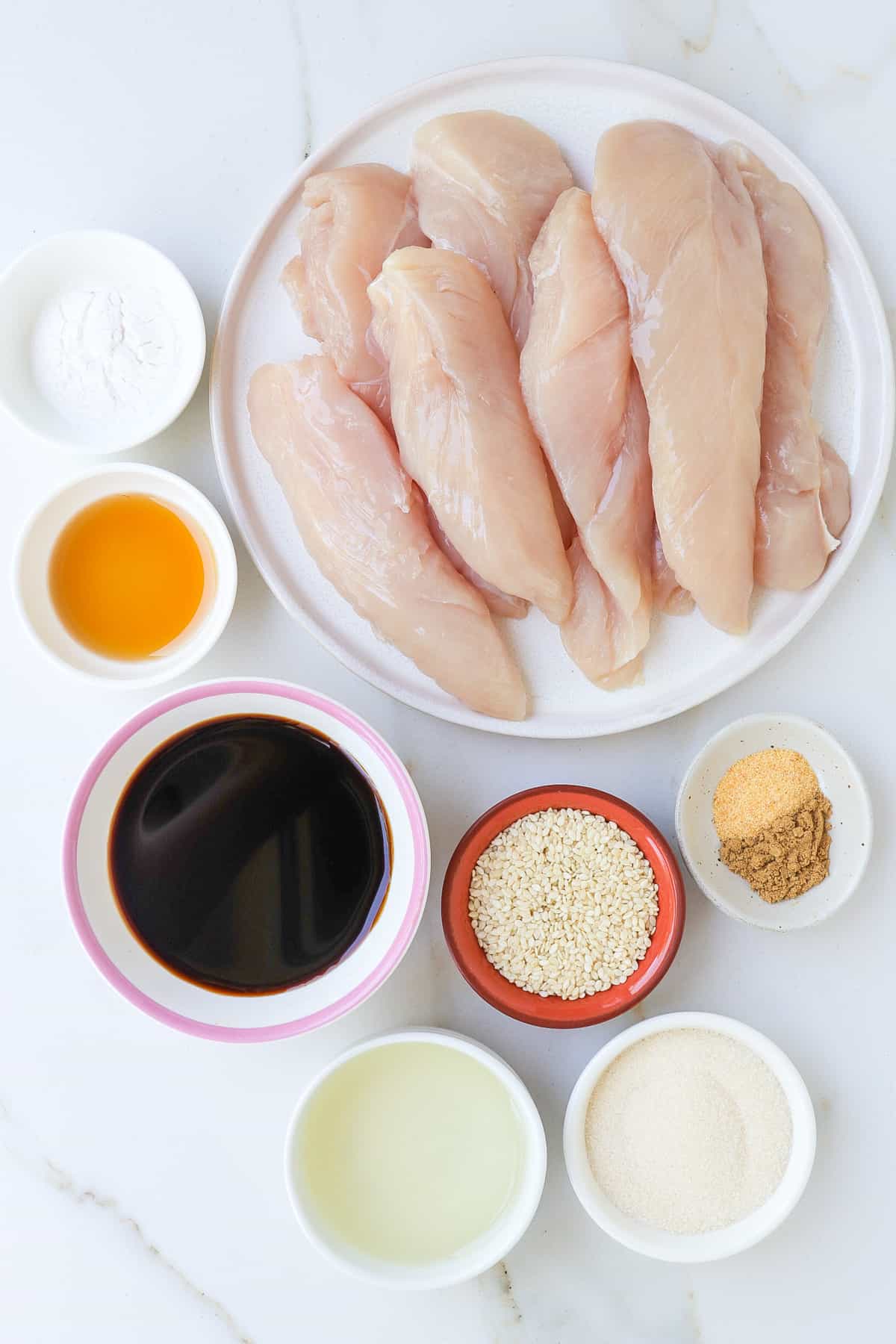 Ingredients shown to make teriyaki chicken.