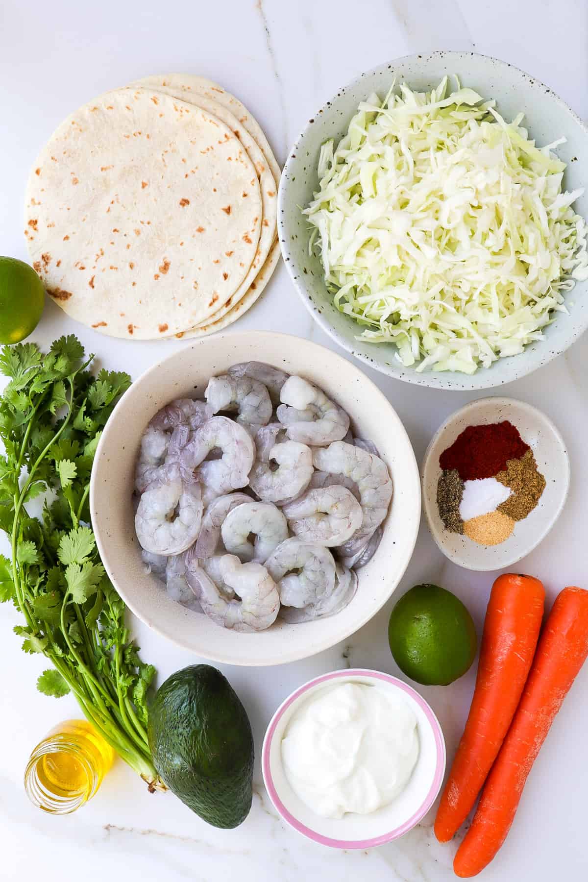 Ingredients to make shrimp tacos in the air fryer.