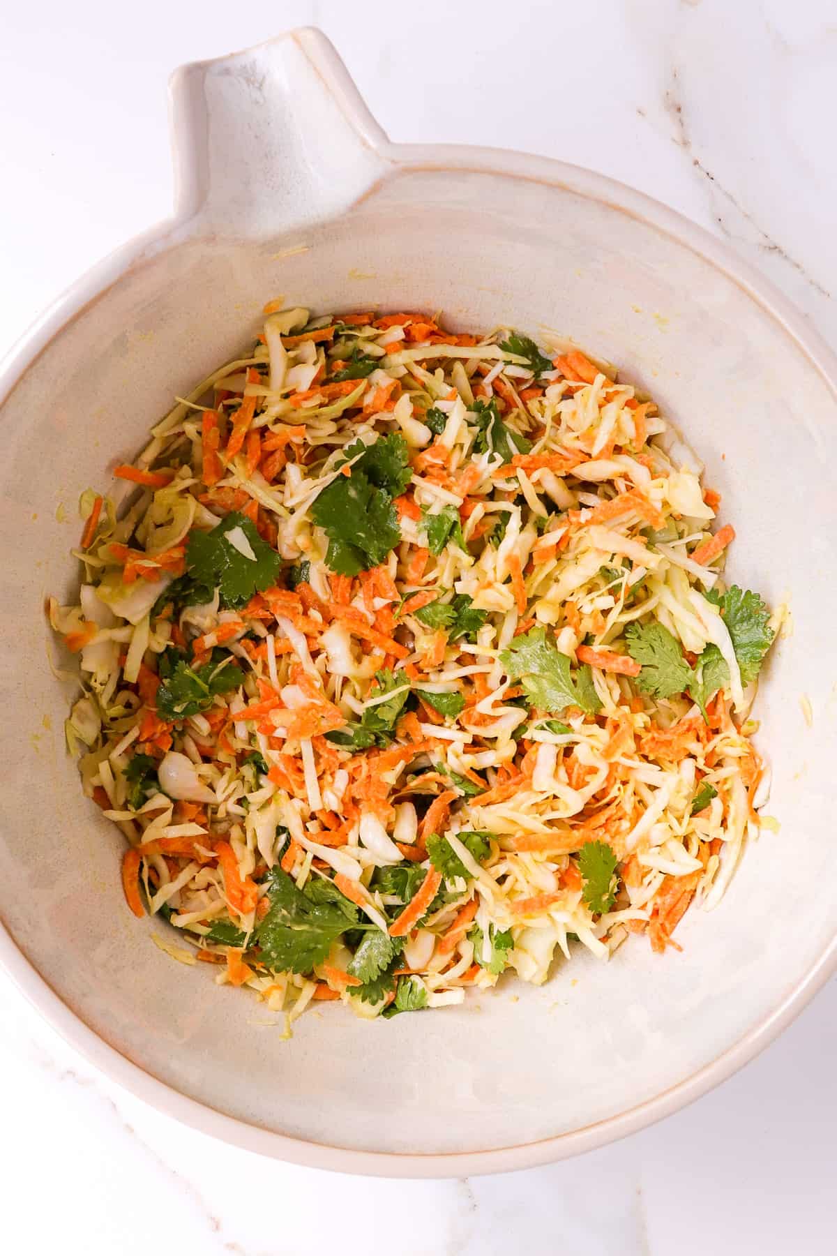 Cabbage and carrot slaw in a mixing bowl.
