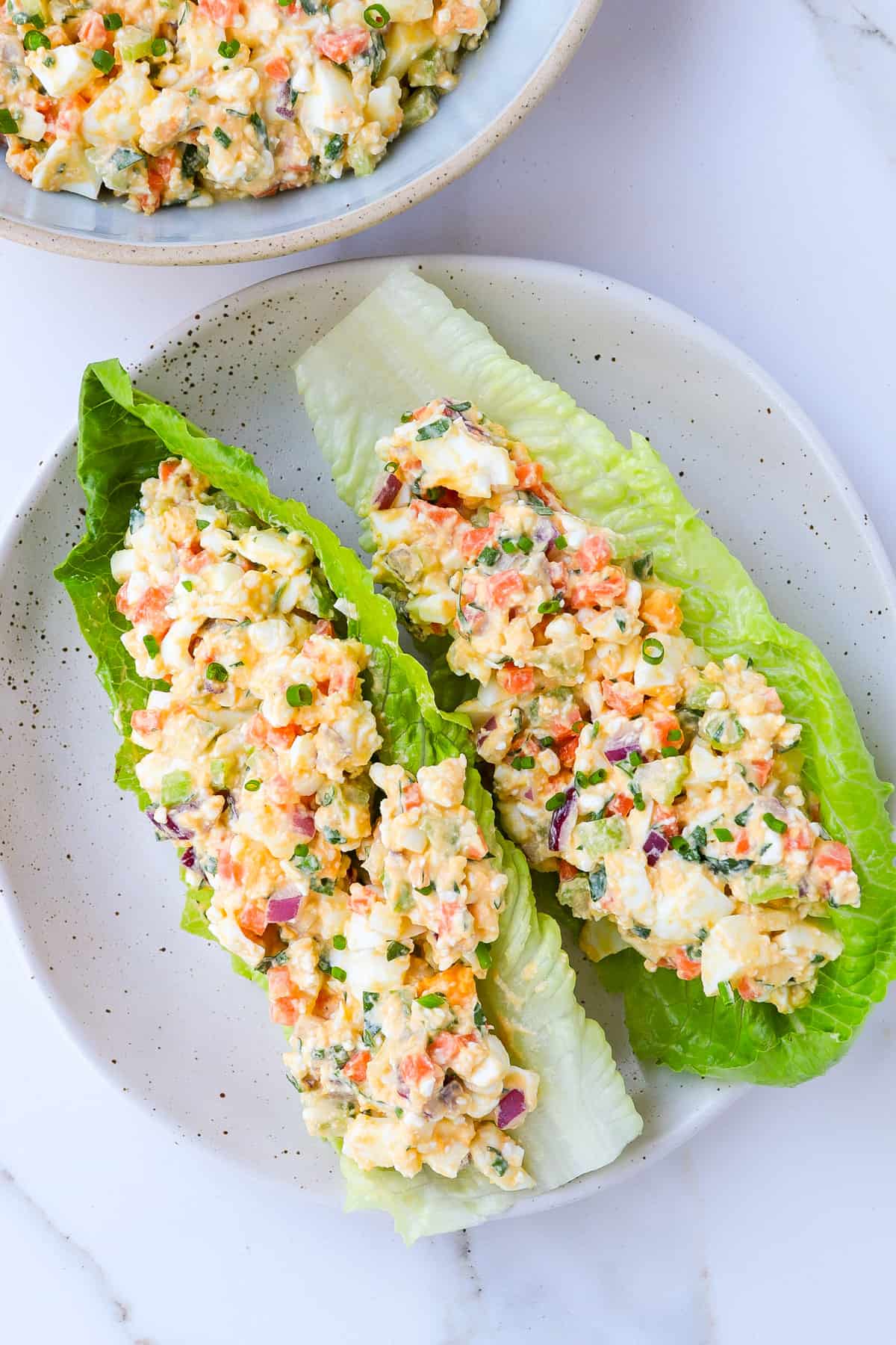 Cottage cheese egg salad in lettuce wraps.
