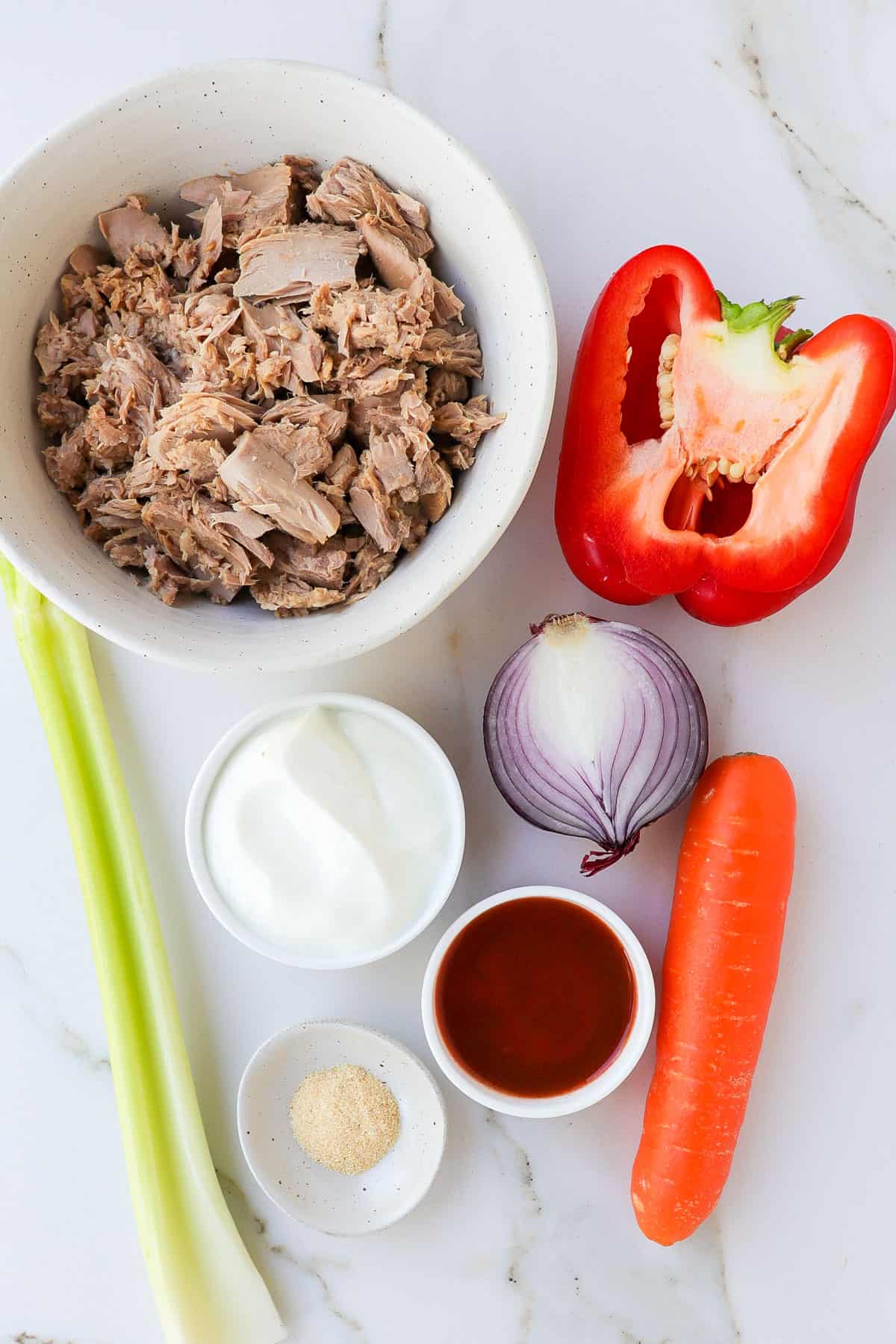 Ingredients shown to make buffalo tuna salad.