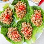 Five lettuce wraps on a plate topped with sliced chilli and crushed peanuts. Extra tofu filling is inn a bowl on the side.Five lettuce wraps on a plate topped with sliced chilli and crushed peanuts. Extra tofu filling is inn a bowl on the side.