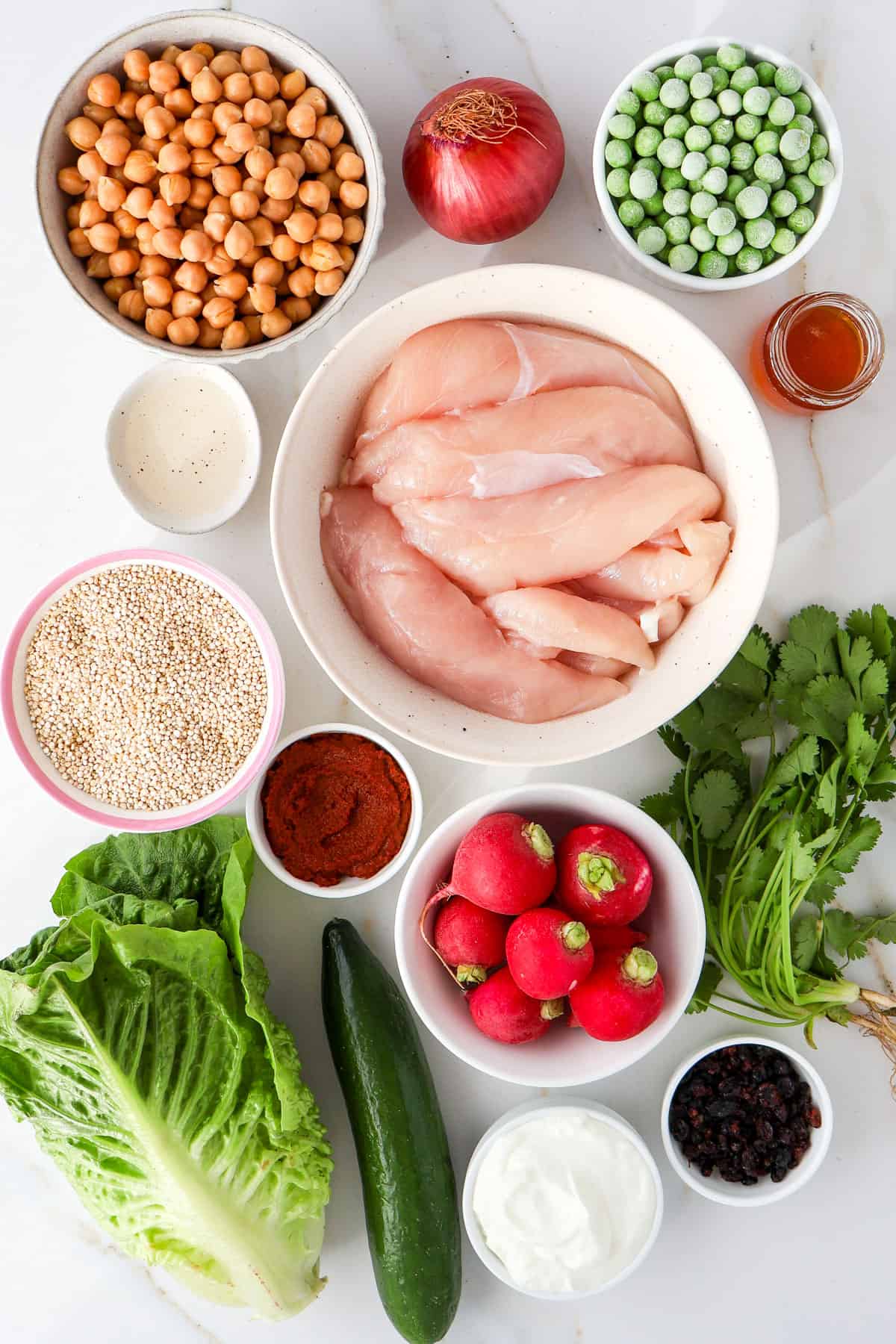 Ingredients shown to make chicken tikka salad.