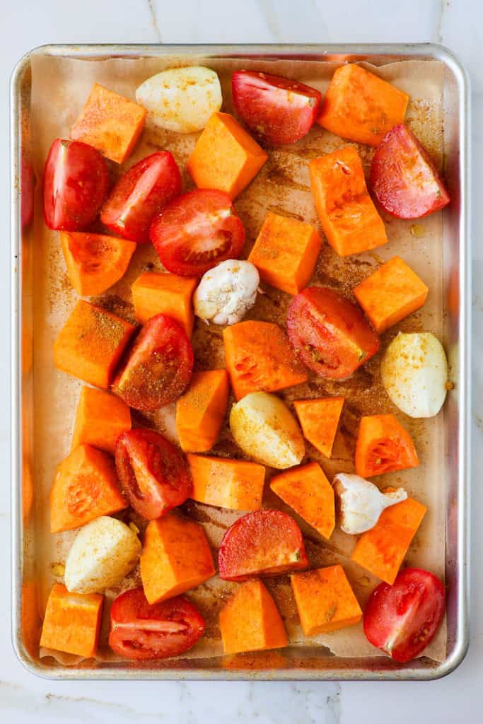 Vegetables on a sheet pan.