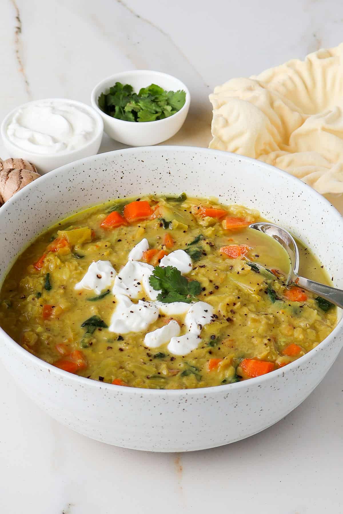 Side shot of the soup in a bowl with a spoon.