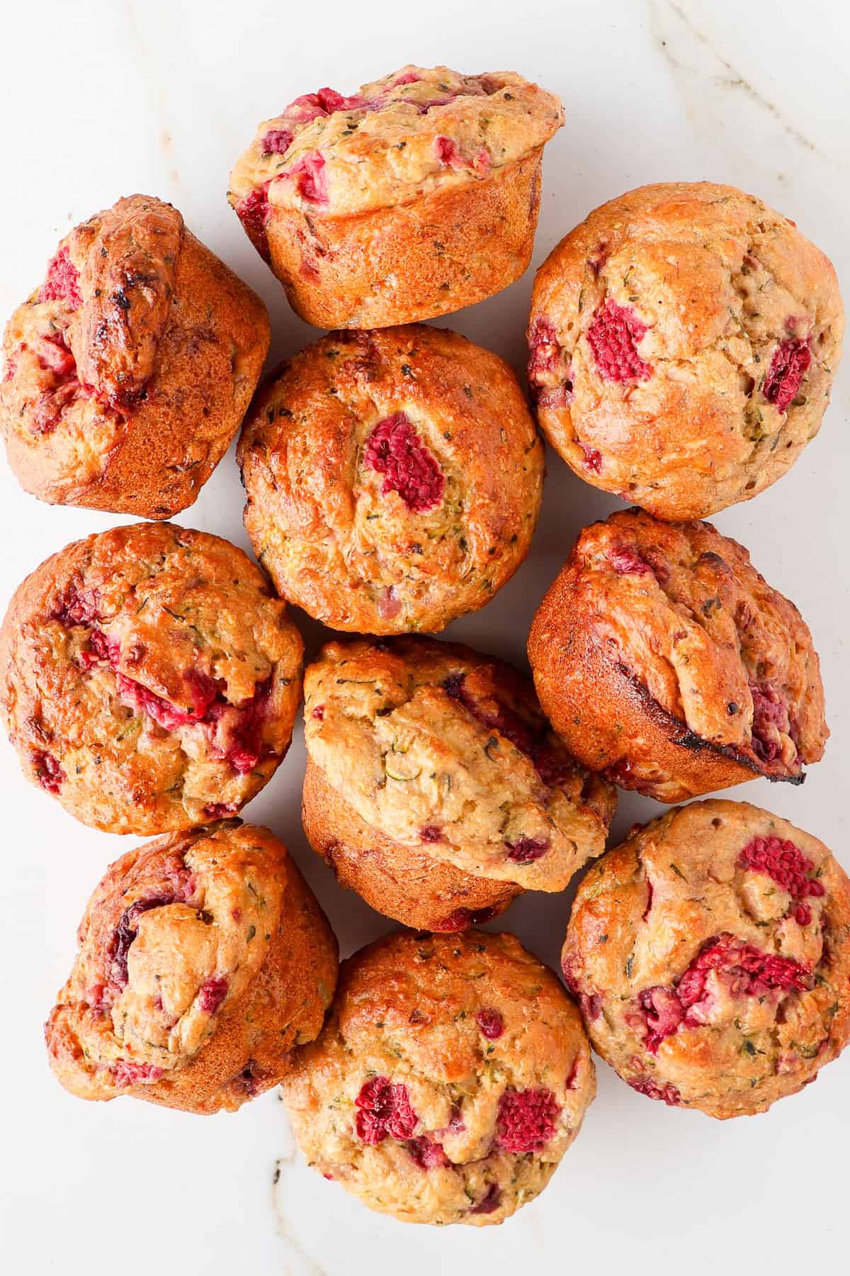 To view of banana raspberry muffins.