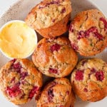 Raspberry and banana muffins on a plate