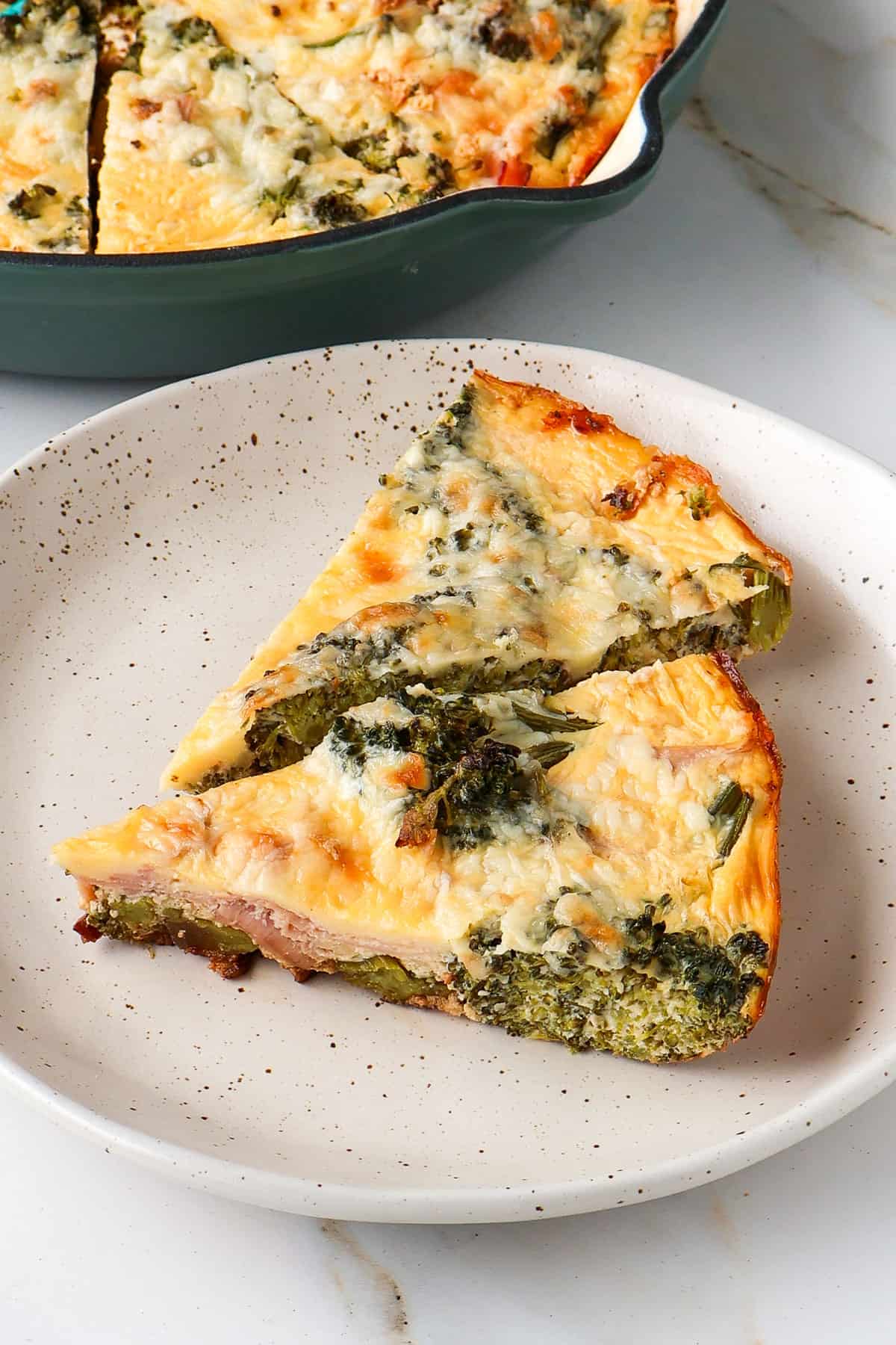 Side shot of broccolini frittata.