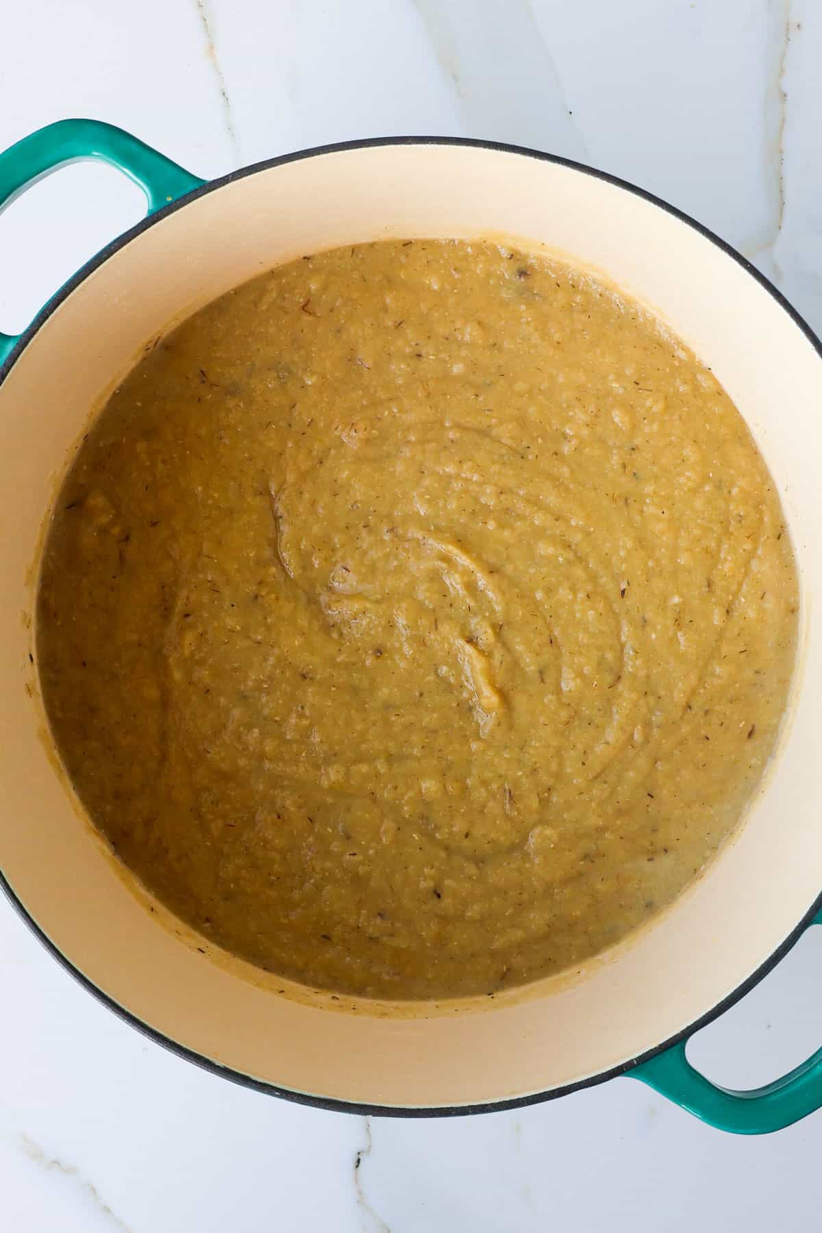 Blended soup in a pot.