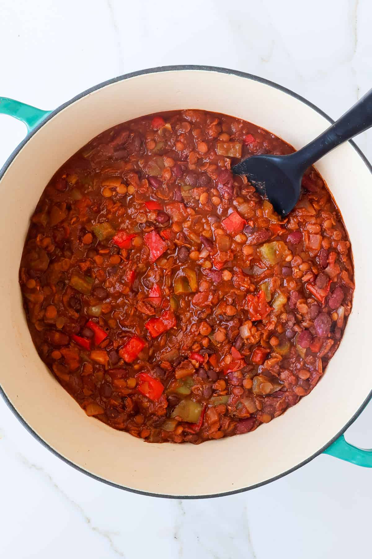 Lentil chili in a pot.