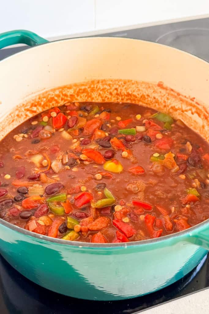 Chili simmering in the pot.