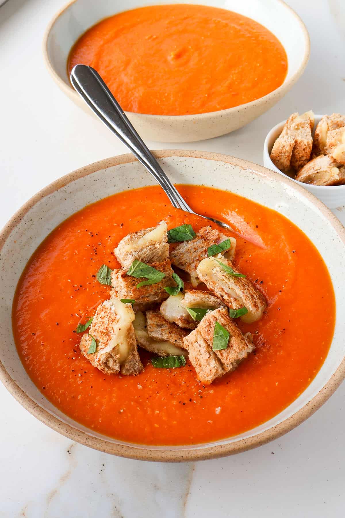 Side shot of the soup in a bowl with grilled cheese croutons.