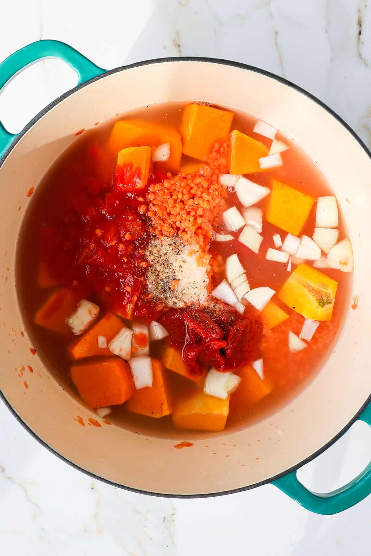 All the raw ingredients in a pot.