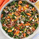 Kale and lentil salad in a bowl with corn, carrots feta crumbled on top.