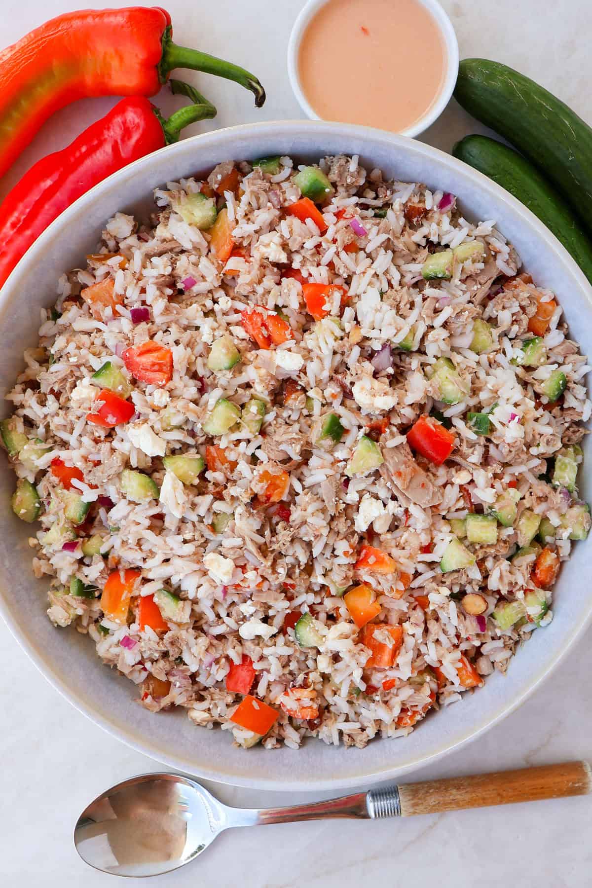 Tuna rice salad in a large bowl.