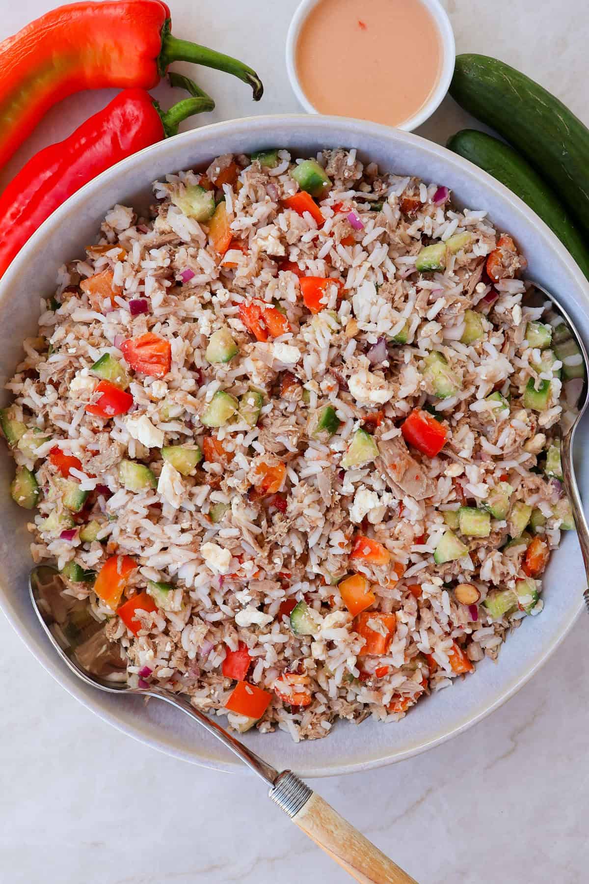 Tuna rice salad in a large bowl.