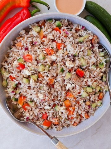 Tuna rice salad in a large bowl.