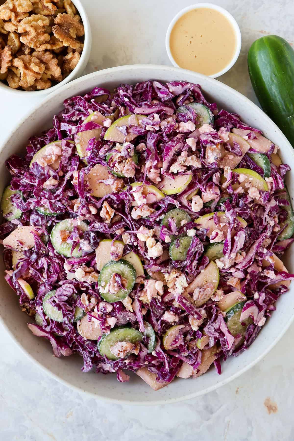 Cabbage salad served in a large bowl.