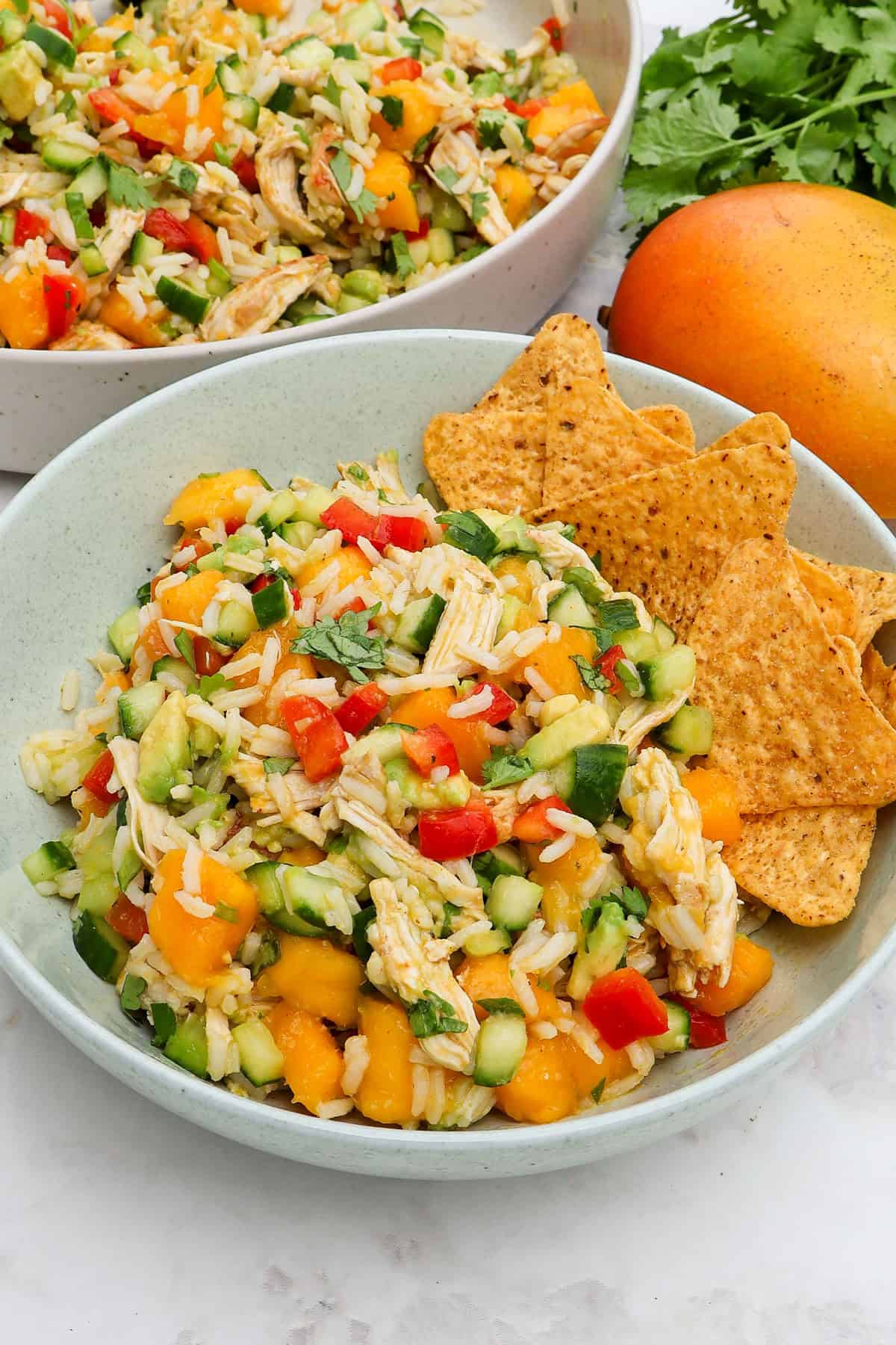 Side shot of salad served in a bowl with tortilla chips.