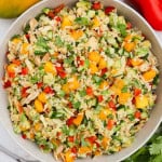 Chicken and mango salad served in a large bowl.