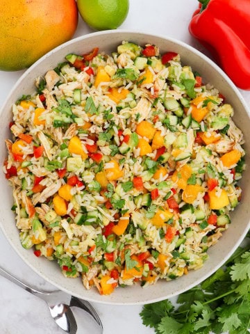 Chicken and mango salad served in a large bowl.