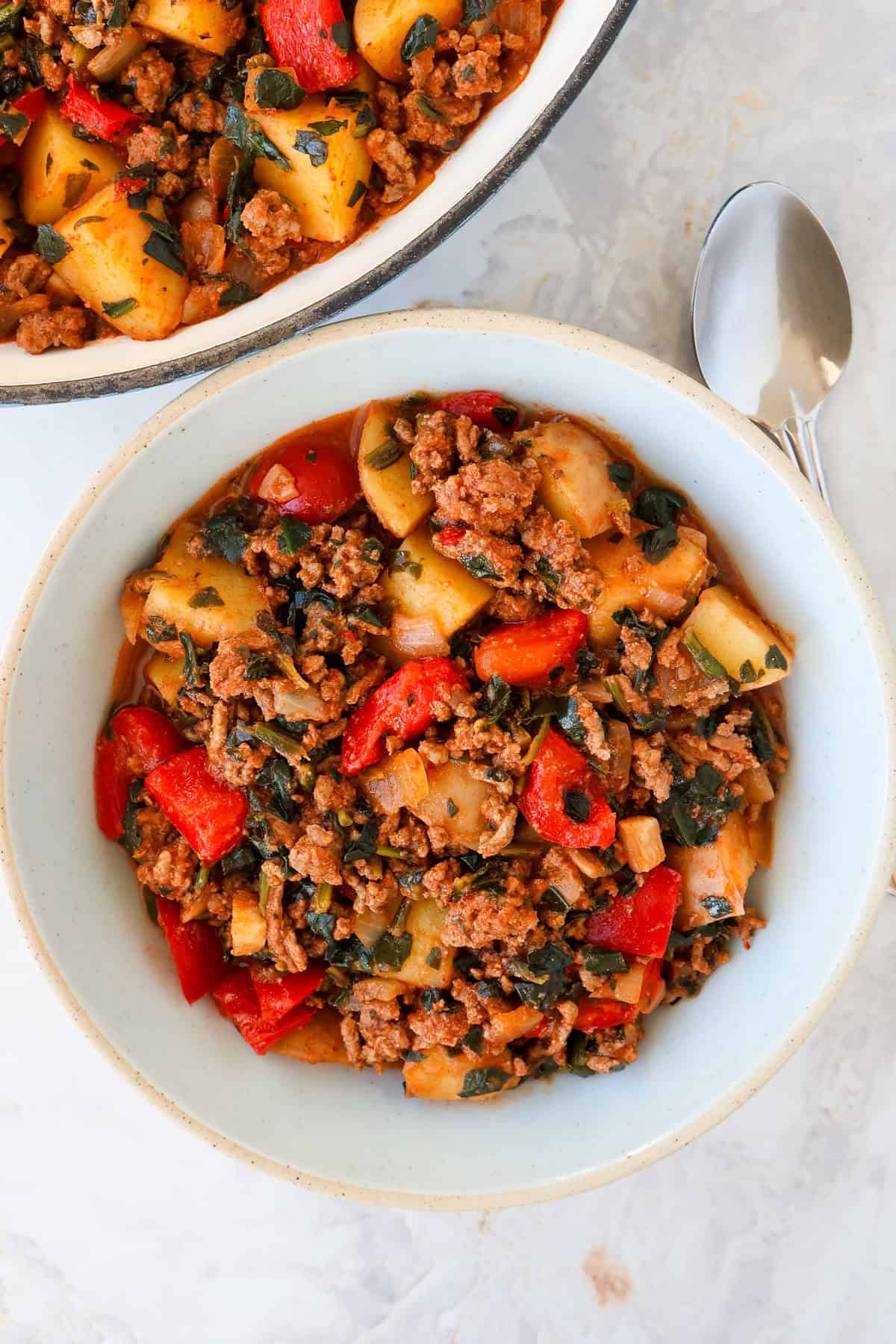 Skillet meal served immediately a bowl.