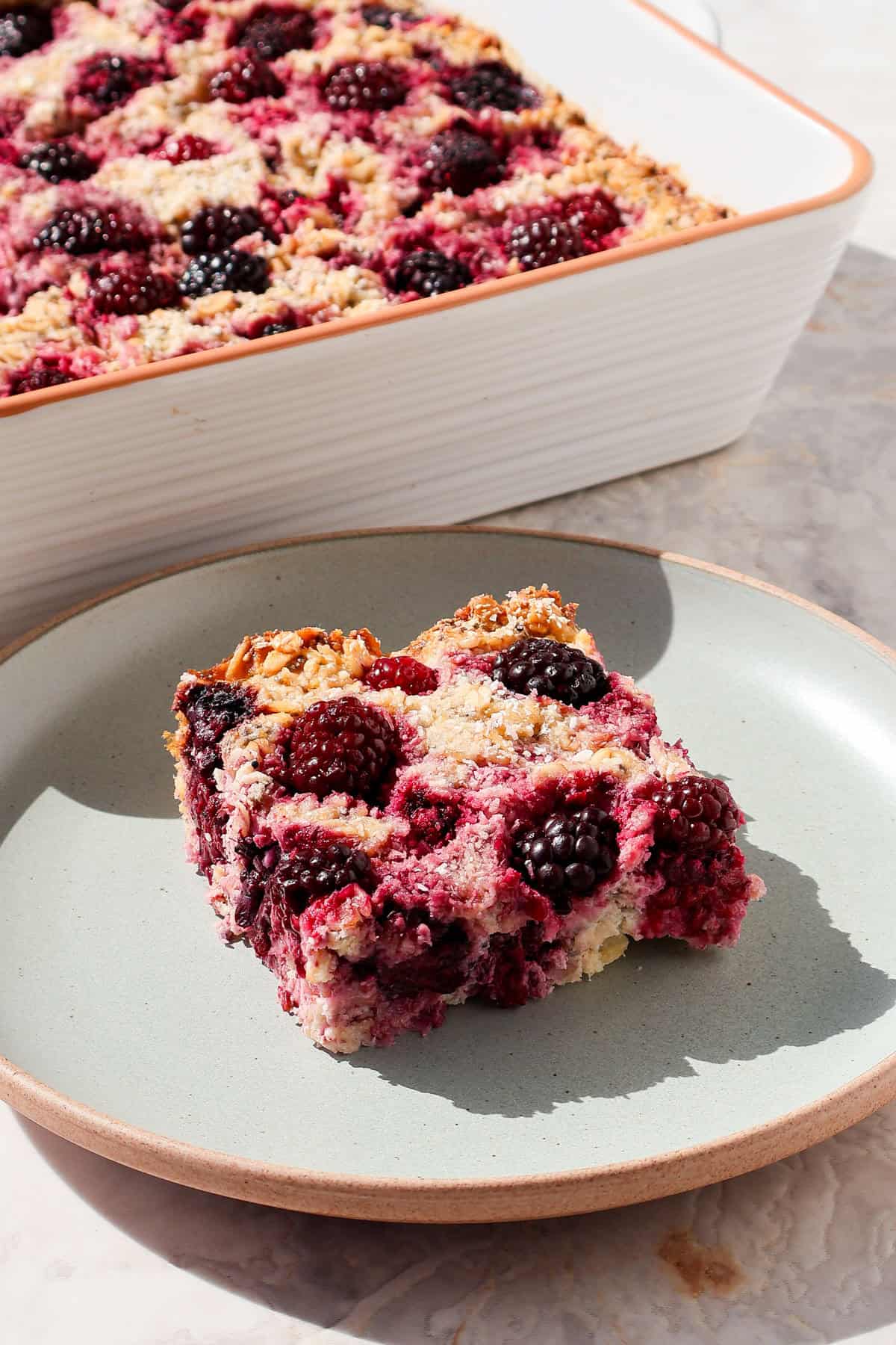 Side of the the baked oatmeal on a plate.