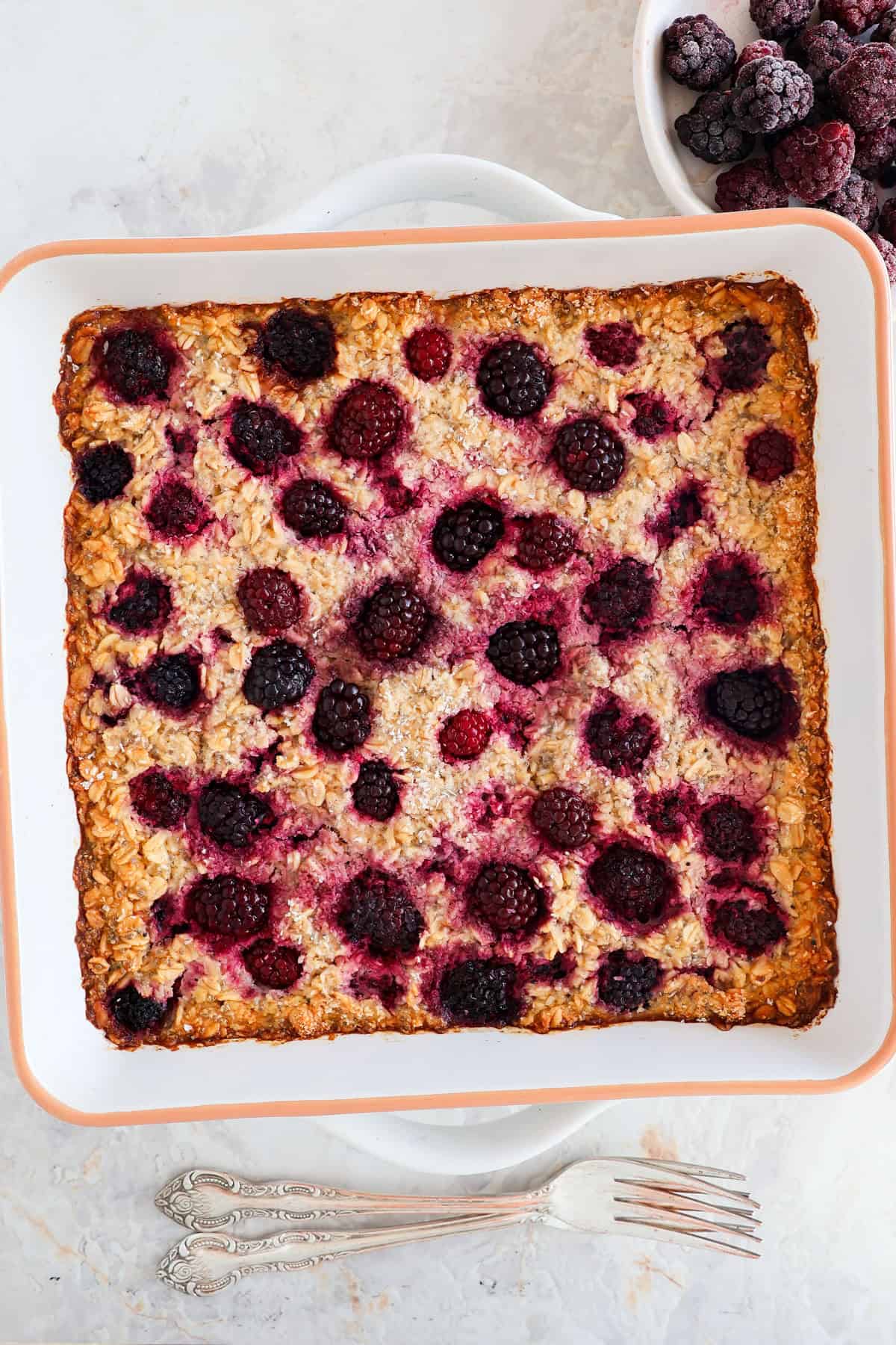Blackberry baked oatmeal in the baking dish.
