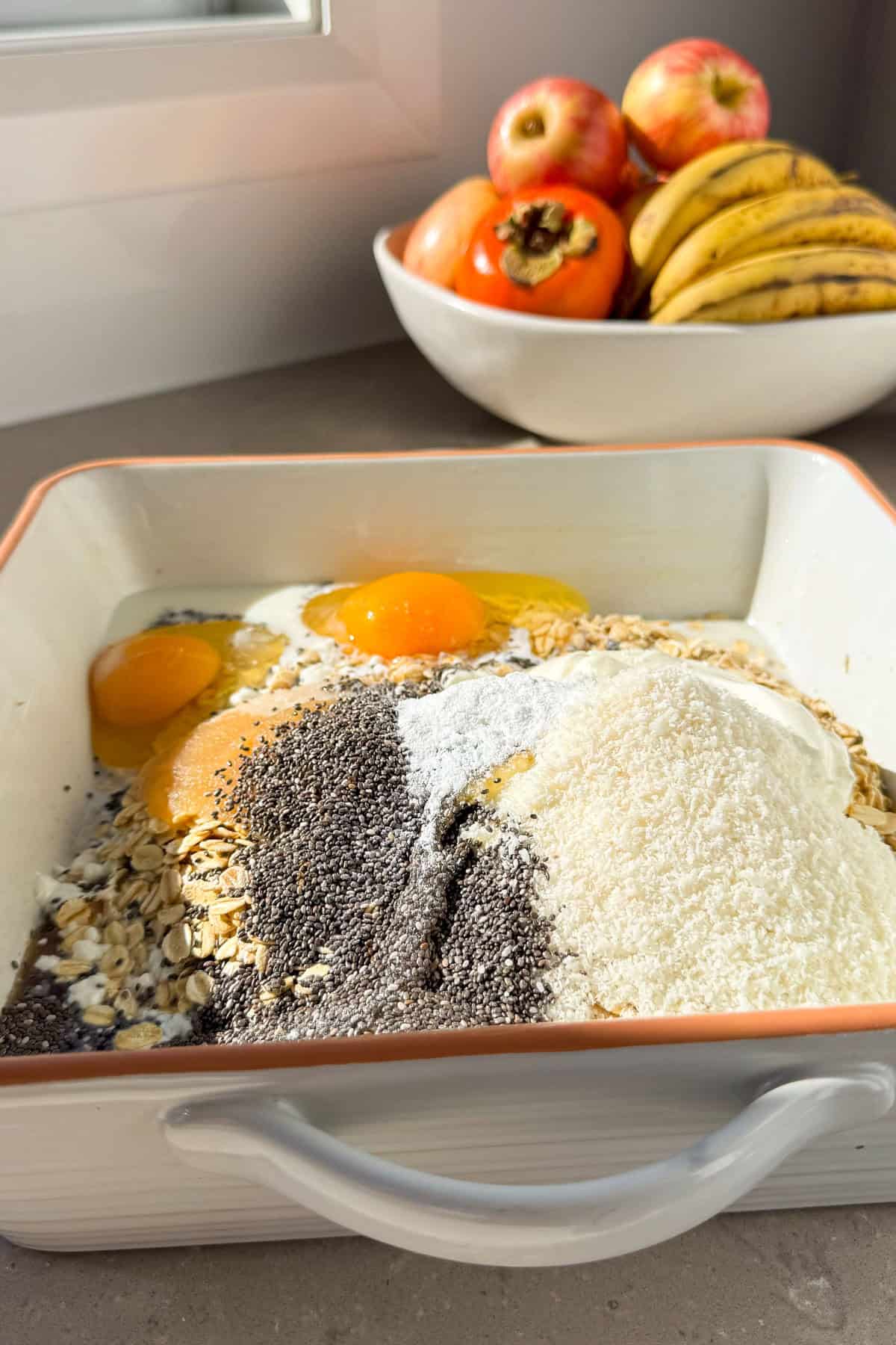 All of the ingredients added to the baking dish.