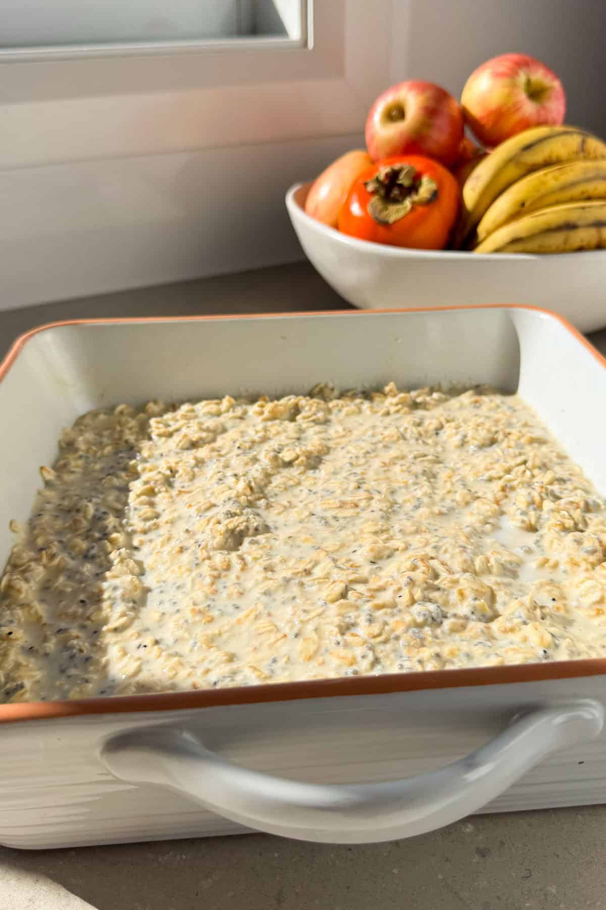 Batter mixed in the baking dish.